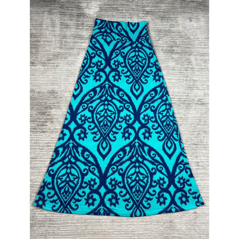 Si Style Skirt Womens M Teal Navy Ikat Damask Maxi A-Line High Waist Stretch